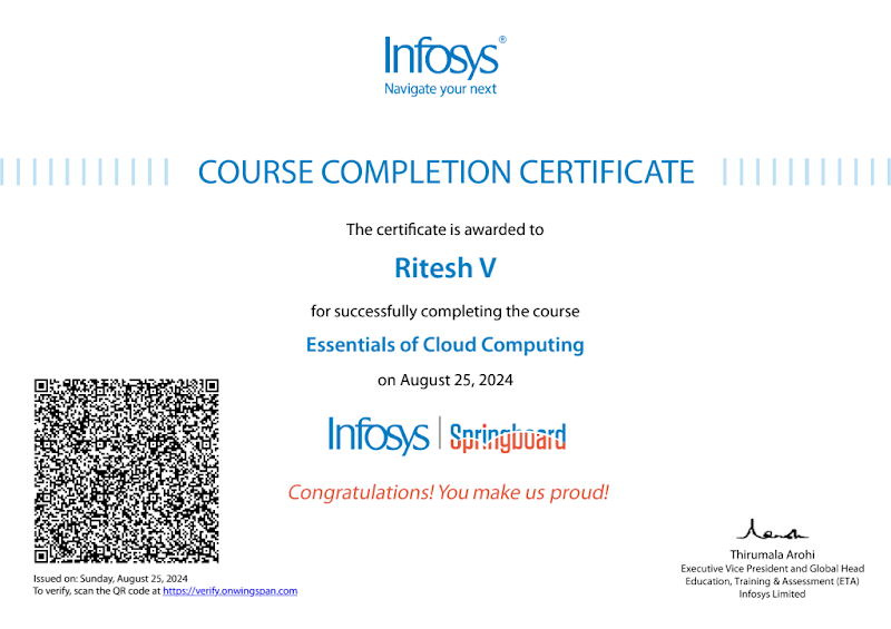 Essentials of Cloud Computing certificate preview